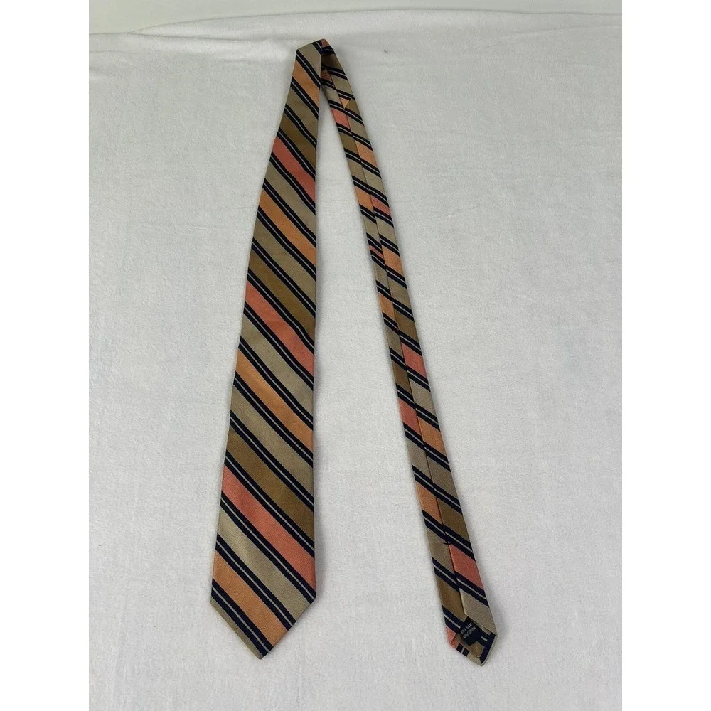 Ike‎ Behar Necktie Mens OS Gold Orange Navy Blue Striped Silk Cotton Blend Tie